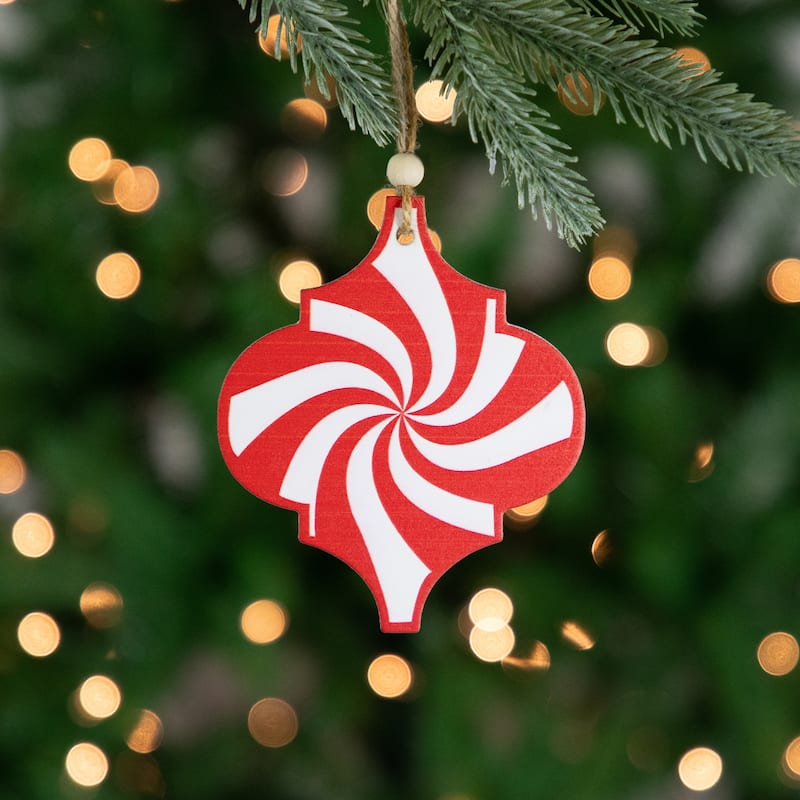 4.5" Red and White Candy Cane Swirl Bauble Wooden Christmas Ornament ...